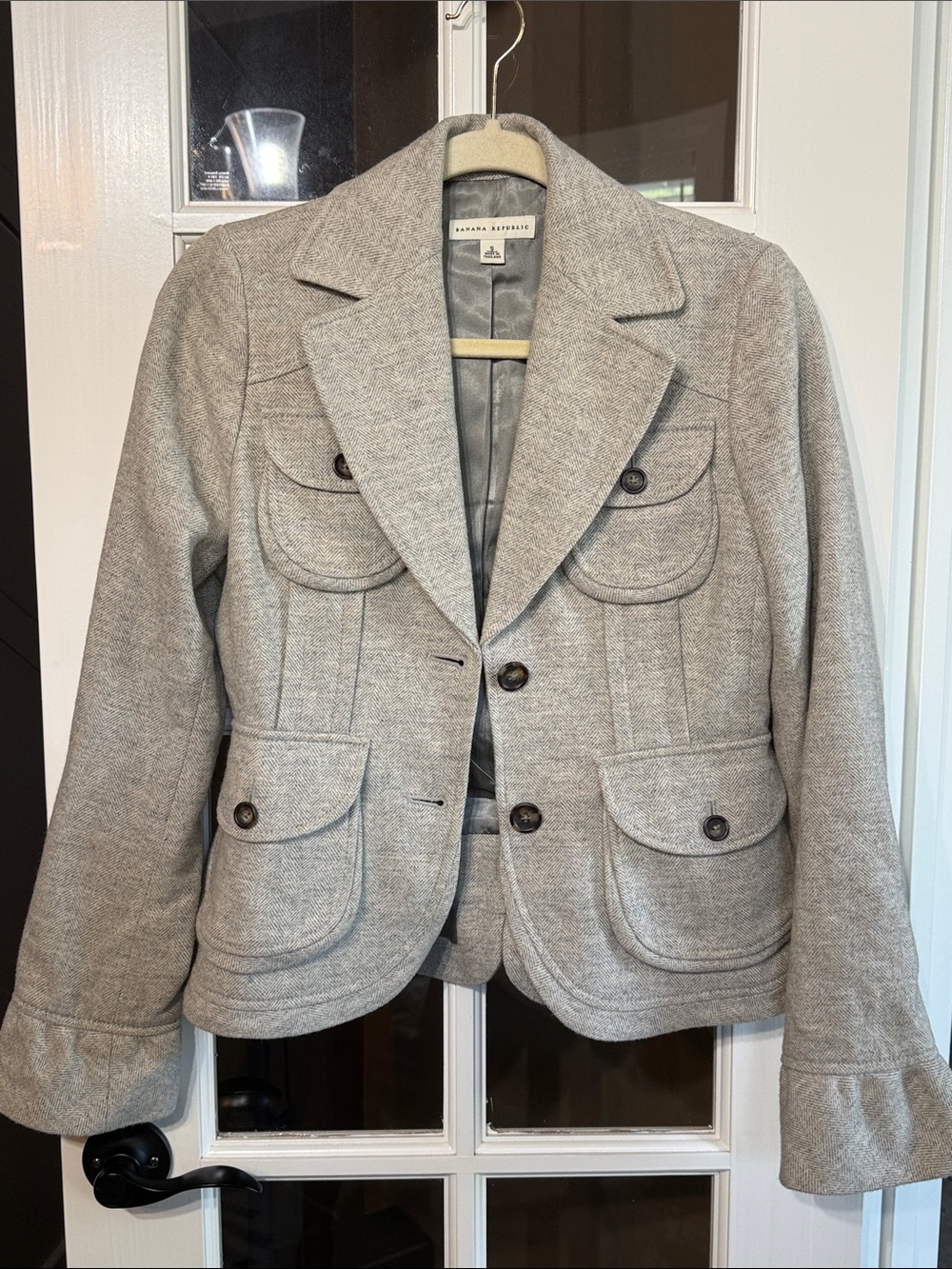 BANANA REPUBLIC Gray Herringbone Wool Blend Tailored Blazer Ruffled S Academia
